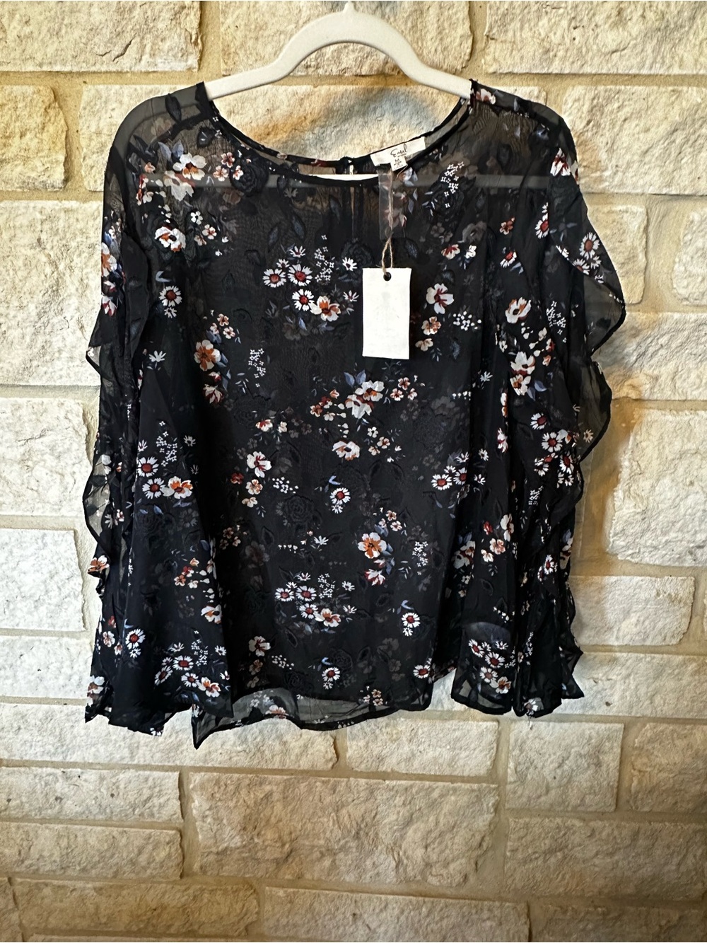 Easel Black Sheer Floral Ruffle-Sleeve Blouse